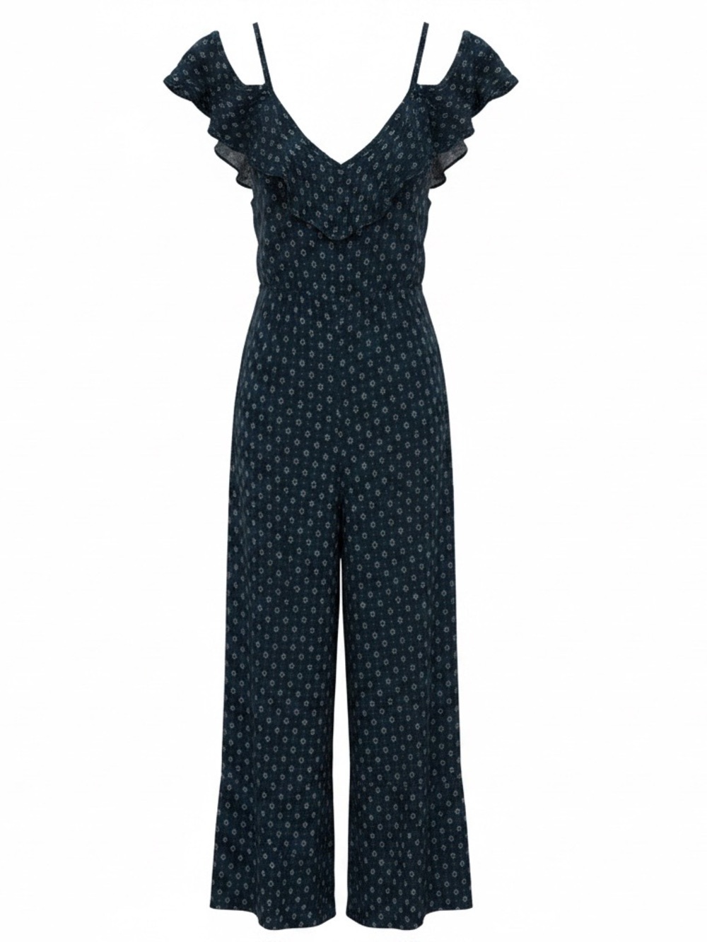 En Crème Blue Jumpsuit with V-Neck and Flutter Sleeves Size L